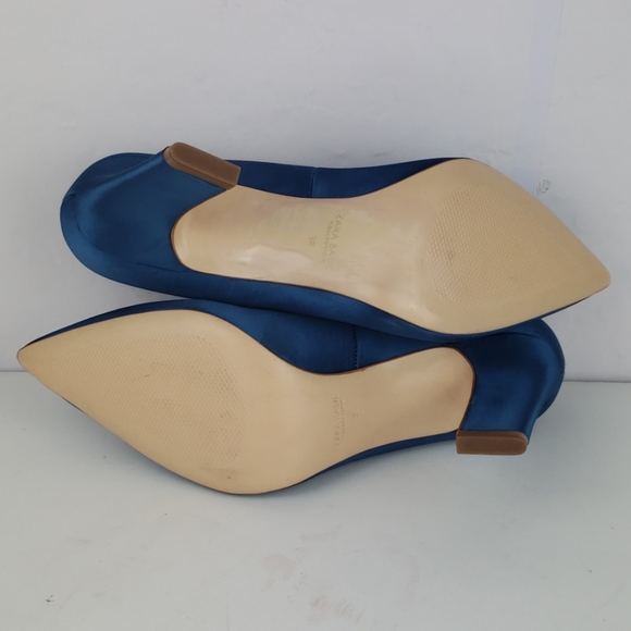 ZARA Blue Satin High Chunky Heel Pumps Size 39 - Picture 5 of 5